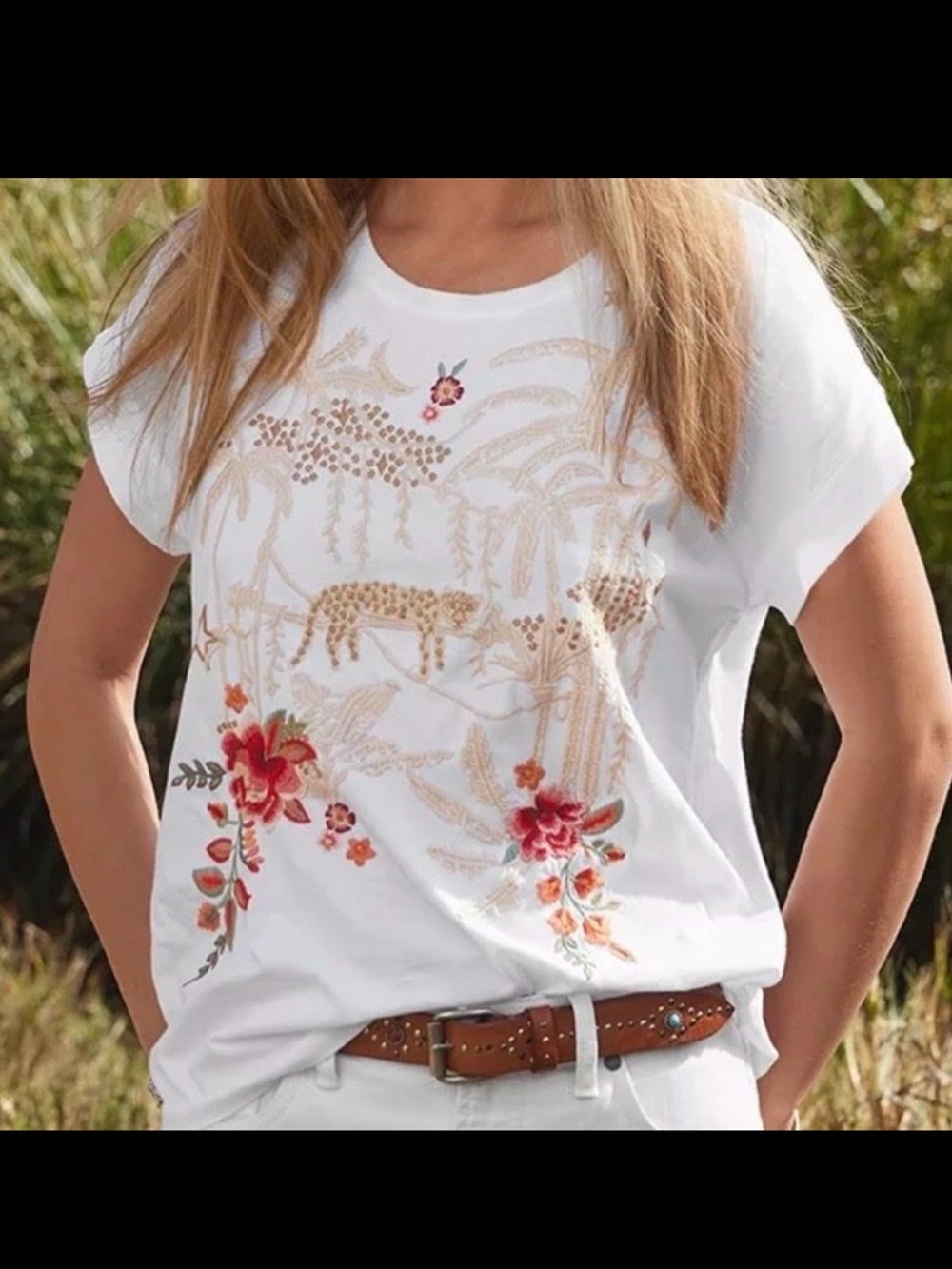 JOHNNY WAS Manu Embroidered Relaxed Tee Jungle Leopard Tshirt